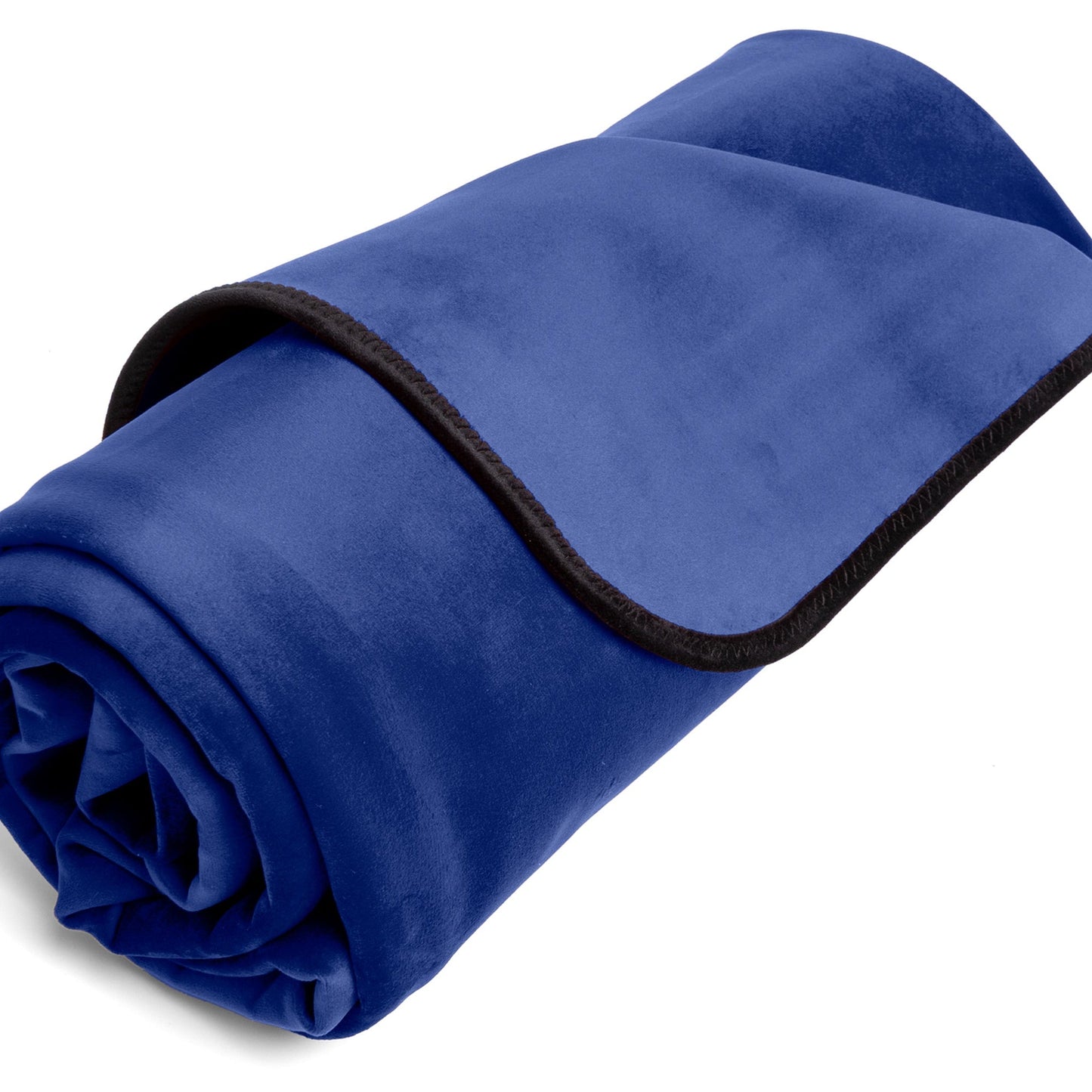 A blue Fascinator Splashproof Throws, Bedroom Furniture by Liberator rolled up against a white background.