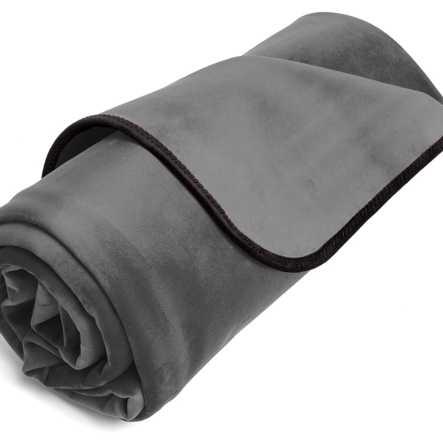 A grey Fascinator Splashproof Throws, Bedroom Furniture by Liberator rolled up against a white background.