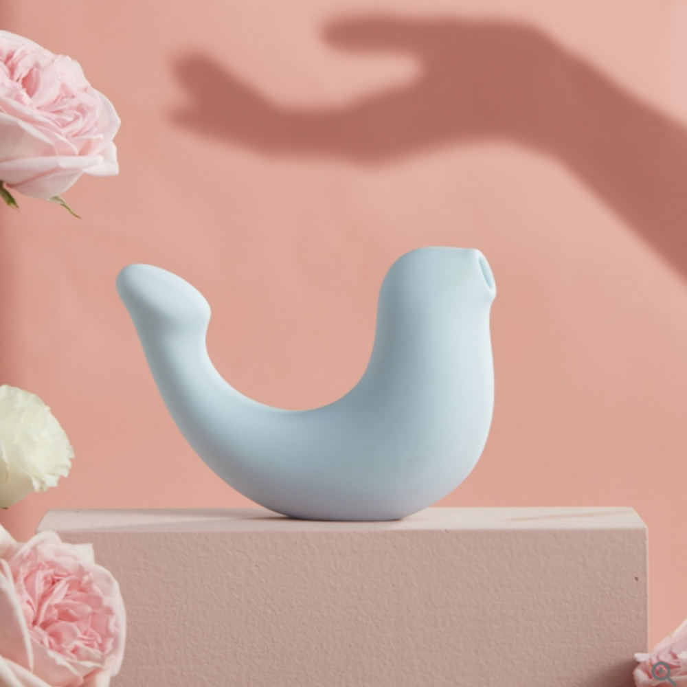 A blue G-Spa vibrator sitting on the box by pink flowers, against a pink background.