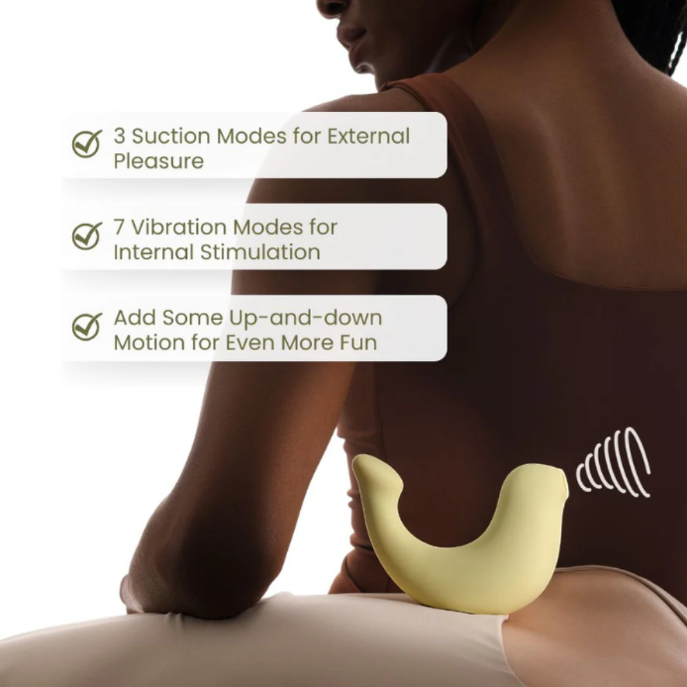 A a G-Spa vibrator sitting behind a lady with three bulliten points showing the different modes.