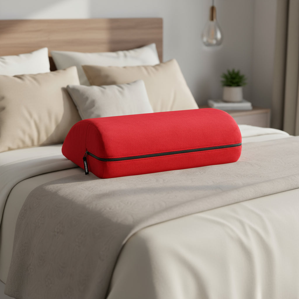 A red Jaz Motion, Bedroom Furniture position wedge by Liberator on a bed.