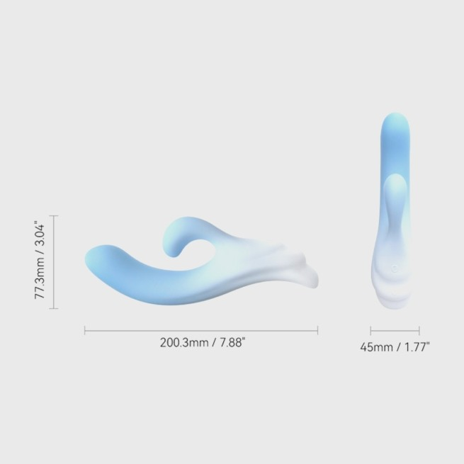 A blue Osurging Rabit Vibrator by liberator against a white background showing the dimensions.