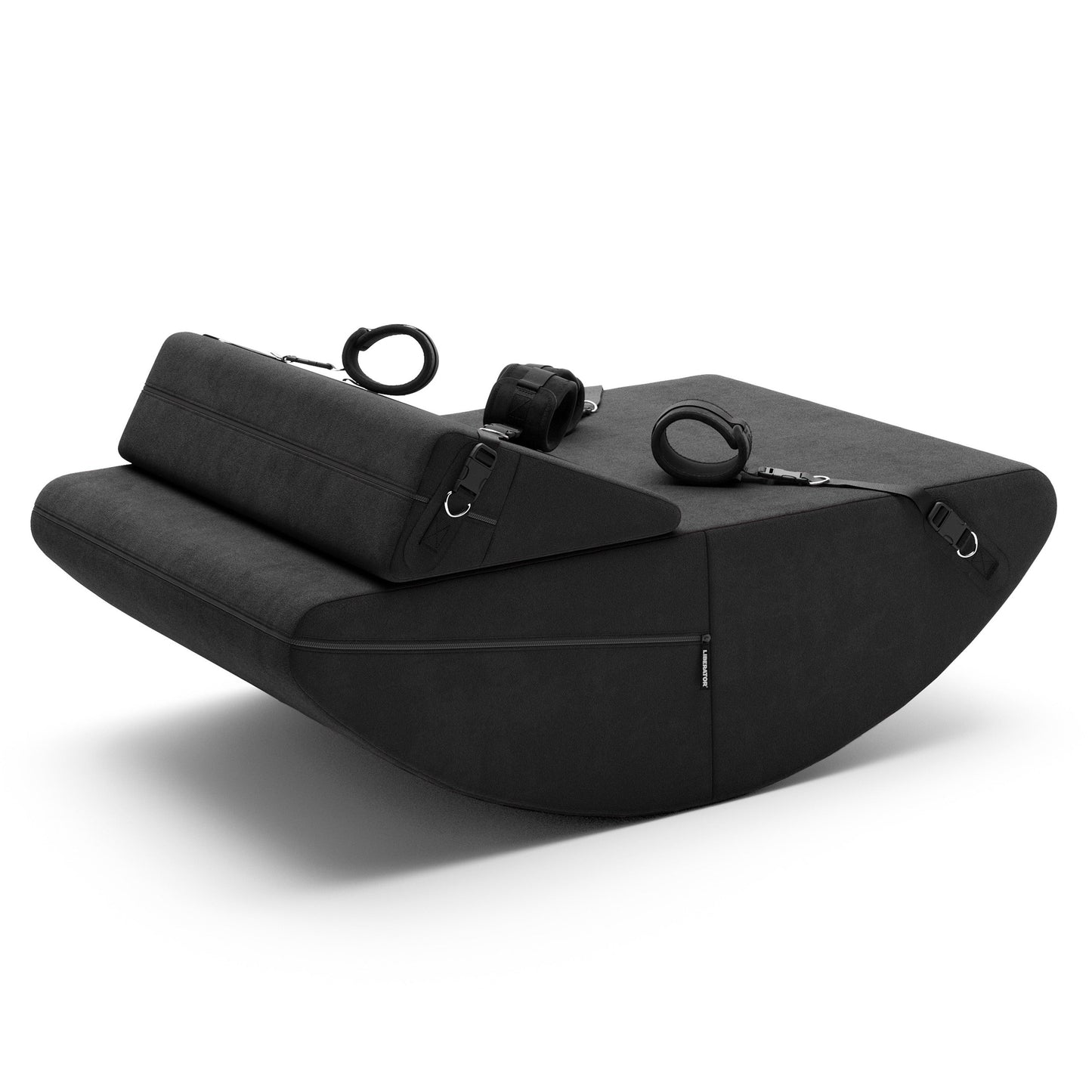 A black Scoop and wedge Valkyrie, Bedroom Furniture by Liberator with cuffs against a white background.