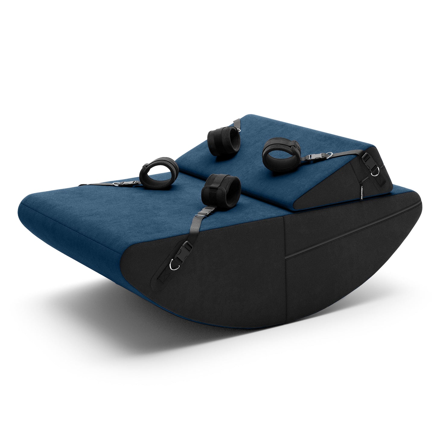 A Ink Blue Scoop and wedge Valkyrie, Bedroom Furniture by Liberator with cuffs against a white background.