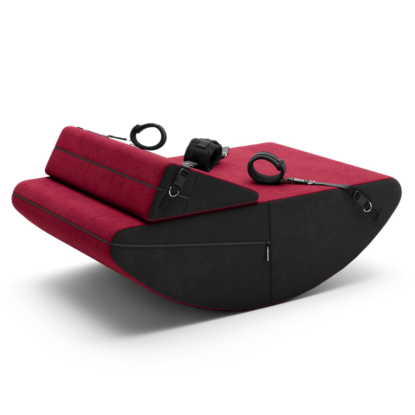 A red Scoop and wedge Valkyrie, Bedroom Furniture by Liberator with cuffs against a white background.